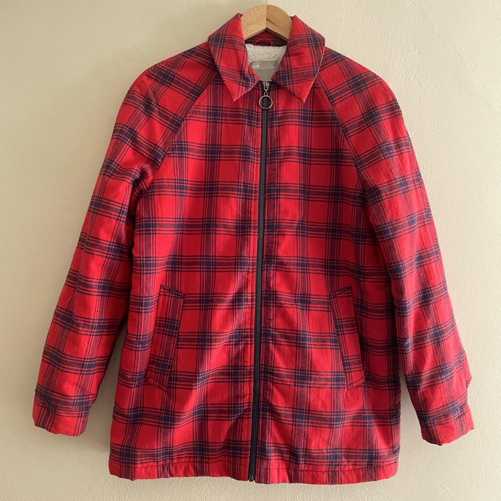 ASOS SHERPA LINED RED PLAID ZIP JACKET